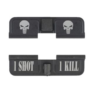 AR-15 Dust Cover - Double Punisher Skulls - 1 Shot 1 Kill - Phosphate Black