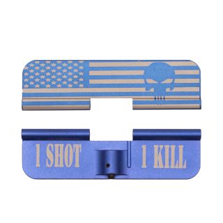 AR-15 Dust Cover - American Punisher Flag Wrap - 1 Shot 1 Kill - Anodized Blue